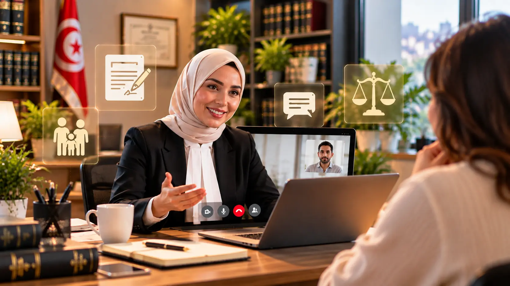 Avocate en consultation vidéo avec un client depuis son cabinet