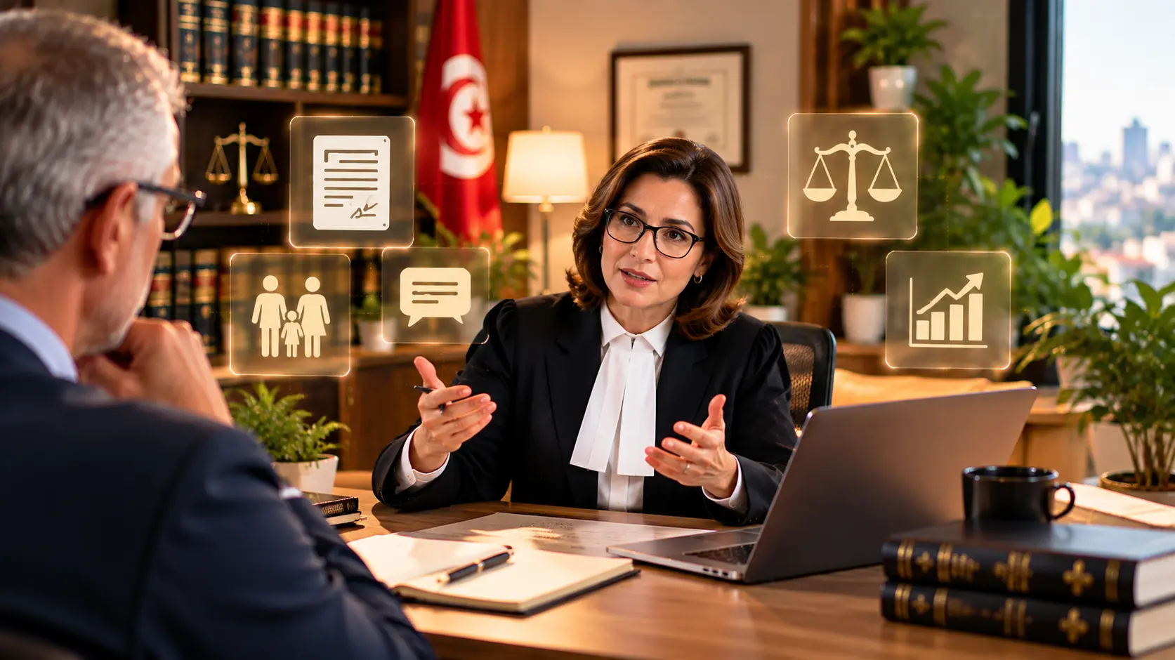 Avocate conseillant un client à son bureau
