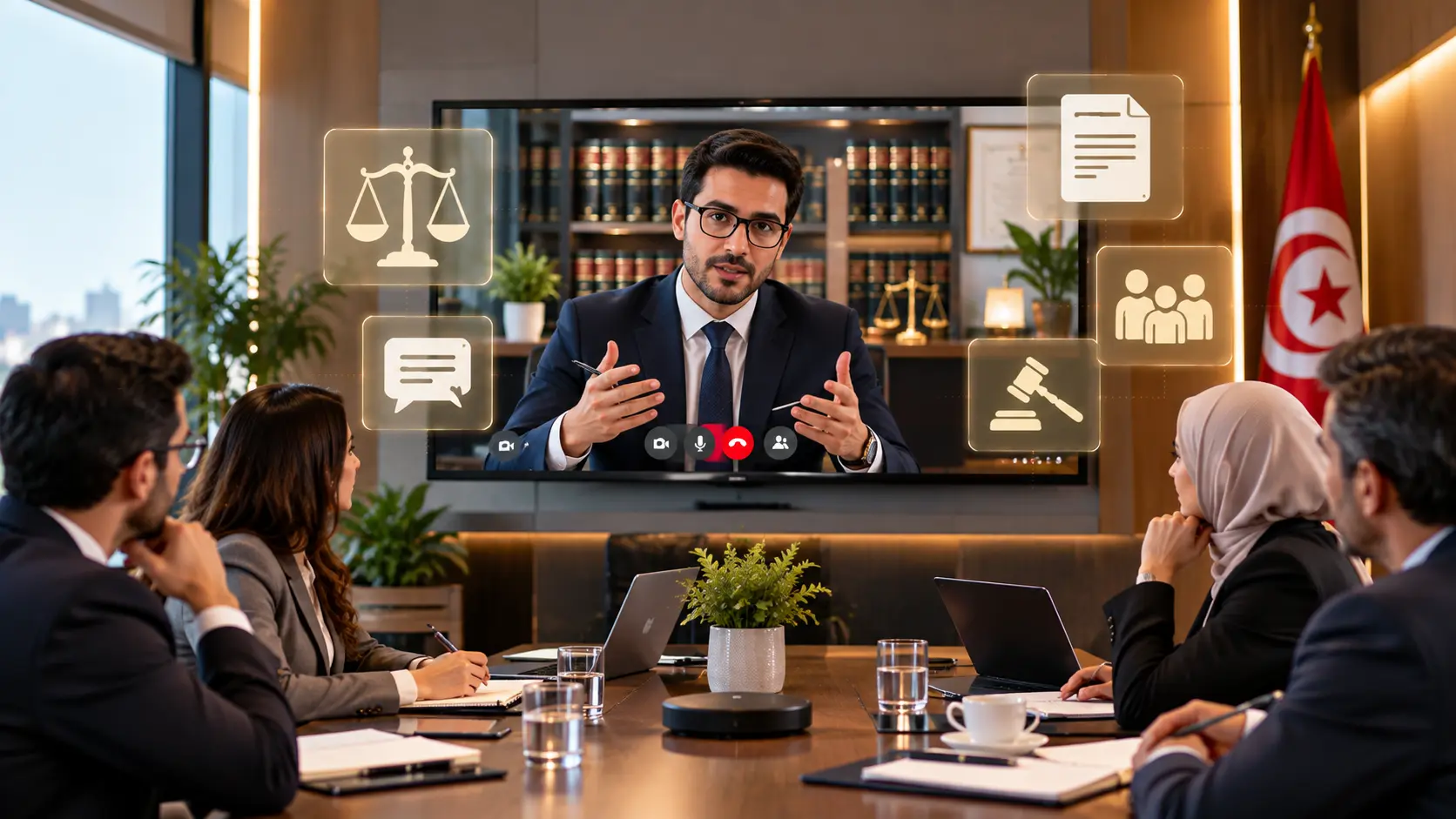 Avocat conseillant une équipe en visioconférence
